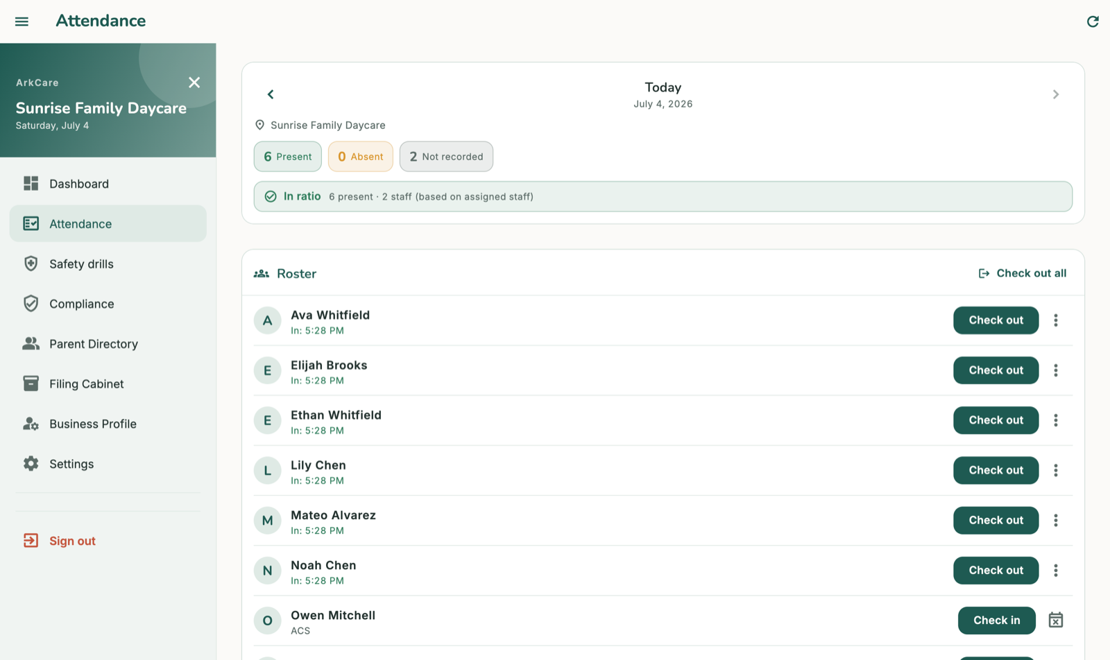 ArkCare attendance screen with check-in and check-out times for each child